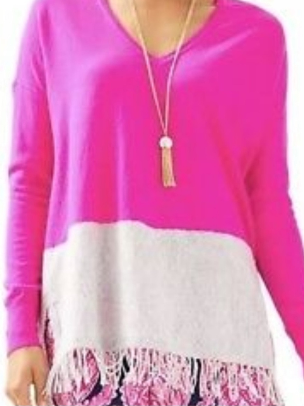 Lilly Pulitzer Bryn 100% Cashmere Bright Pink and Cream Fringe Sweater Sz XXS/XS